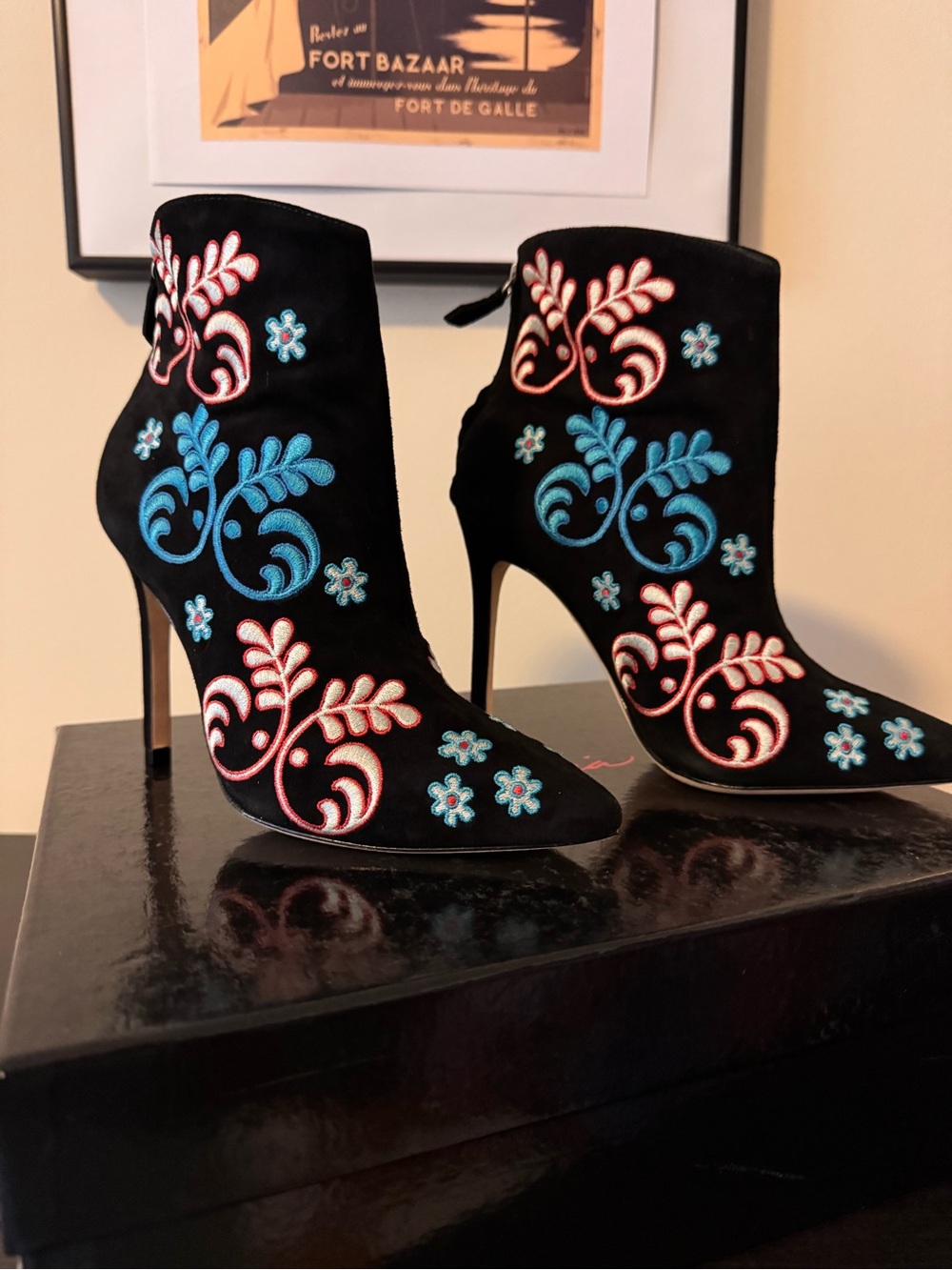 Isa Tapia Alondra Black Embroidered Suede Ankle Booties